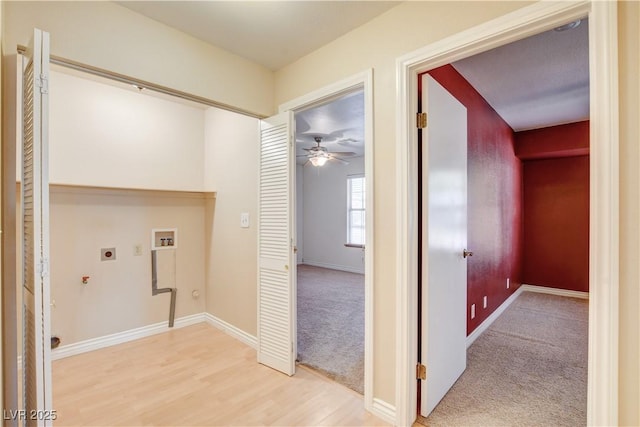 laundry room with ceiling fan, washer hookup, carpet floors, and electric dryer hookup