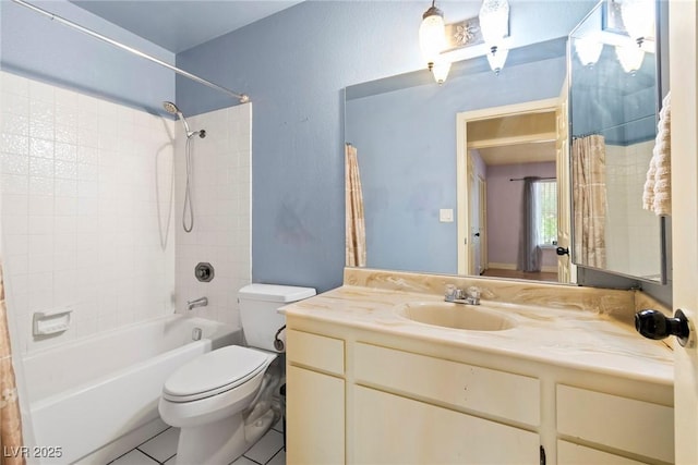 full bathroom with shower / bath combo, vanity, tile patterned floors, and toilet