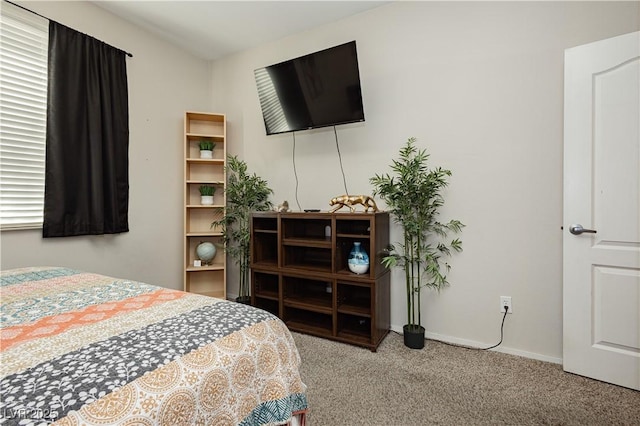 bedroom with light carpet and baseboards