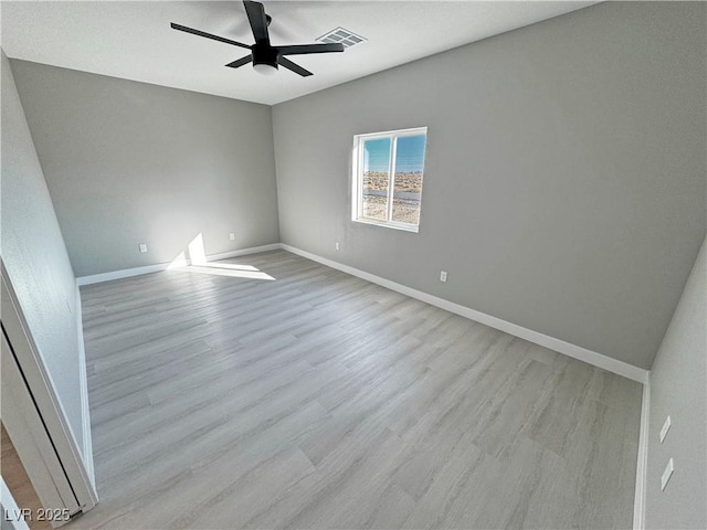 empty room with light wood-style floors, visible vents, ceiling fan, and baseboards