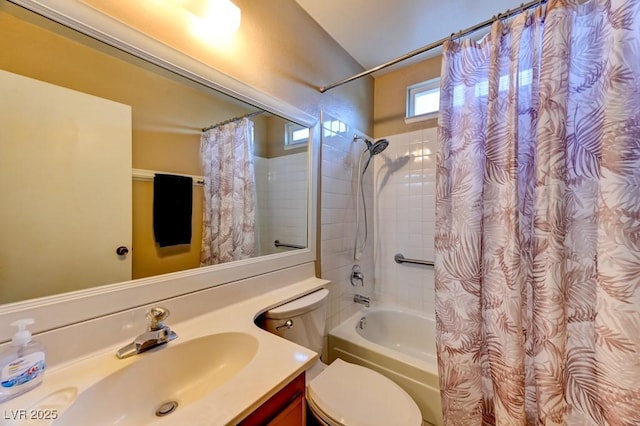 full bathroom with toilet, vanity, and shower / bath combo with shower curtain