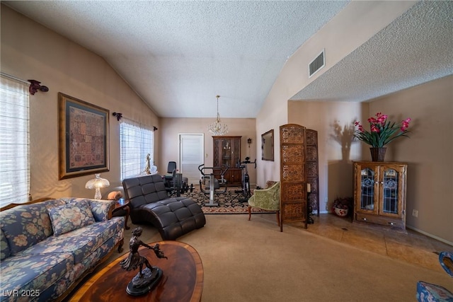 living room featuring carpet flooring, vaulted ceiling, a textured ceiling, and a notable chandelier