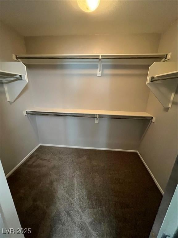 walk in closet featuring dark carpet