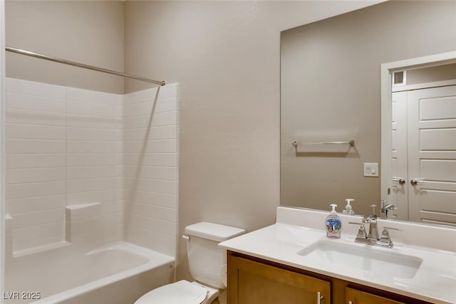 full bathroom with vanity, toilet, and washtub / shower combination