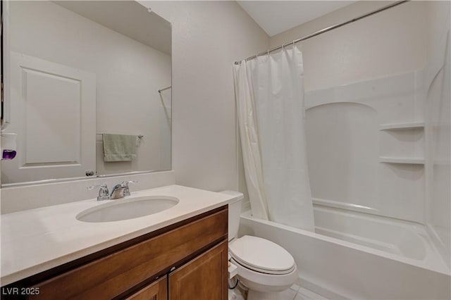 full bathroom with vanity, shower / bath combination with curtain, and toilet