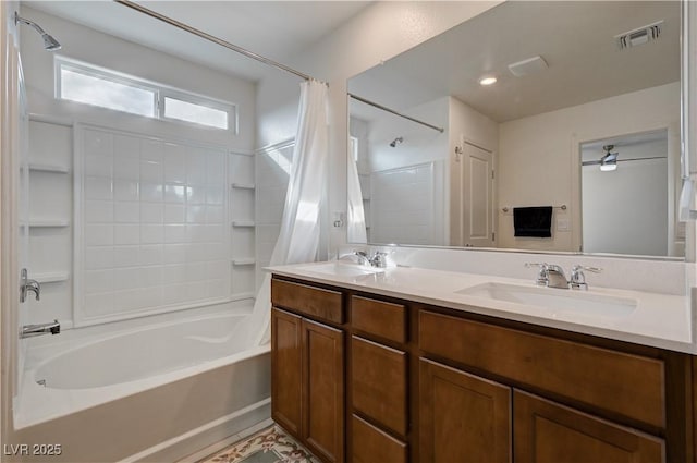 bathroom with shower / bath combination with curtain and vanity