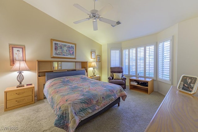 bedroom with a ceiling fan, carpet flooring, vaulted ceiling, and visible vents