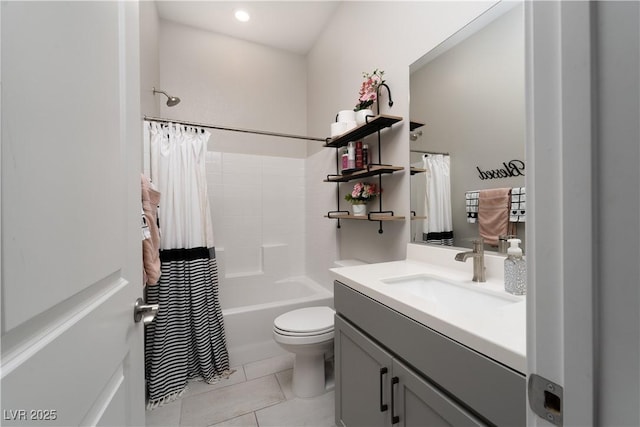 full bathroom with vanity, tile patterned floors, toilet, and shower / tub combo with curtain