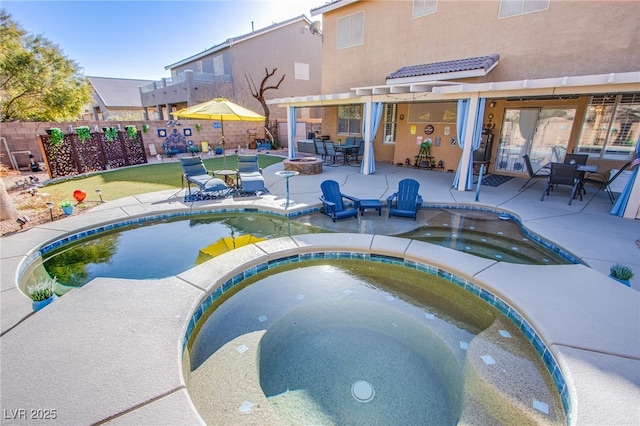 view of pool featuring an in ground hot tub, a pergola, a patio, and an outdoor fire pit