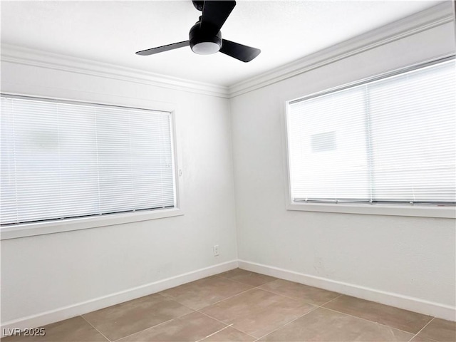 tiled spare room with crown molding and ceiling fan