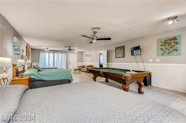 rec room featuring ceiling fan, billiards, and light tile patterned floors