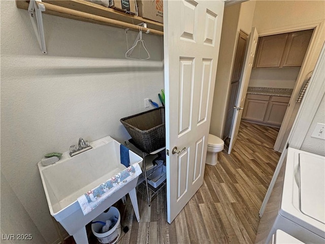 clothes washing area with sink and dark hardwood / wood-style flooring