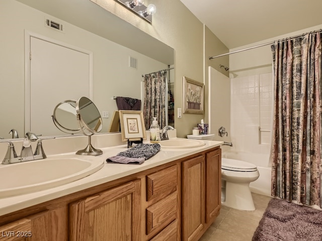 full bathroom with tile patterned flooring, vanity, shower / tub combo with curtain, and toilet