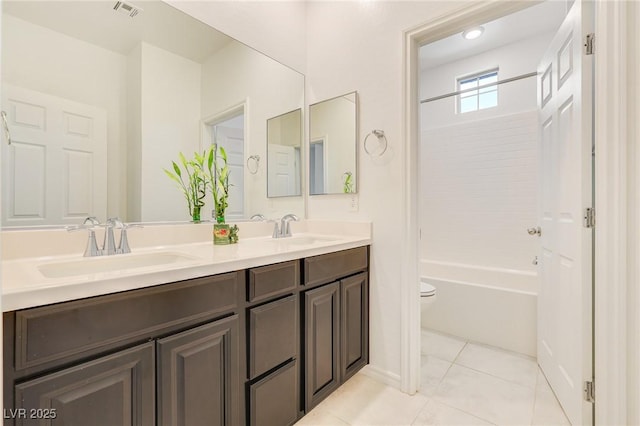 full bathroom with vanity, shower / bathing tub combination, tile patterned floors, and toilet