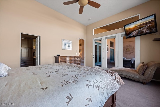 carpeted bedroom with lofted ceiling and ceiling fan