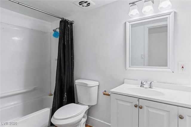 full bathroom with vanity, shower / bath combination with curtain, and toilet