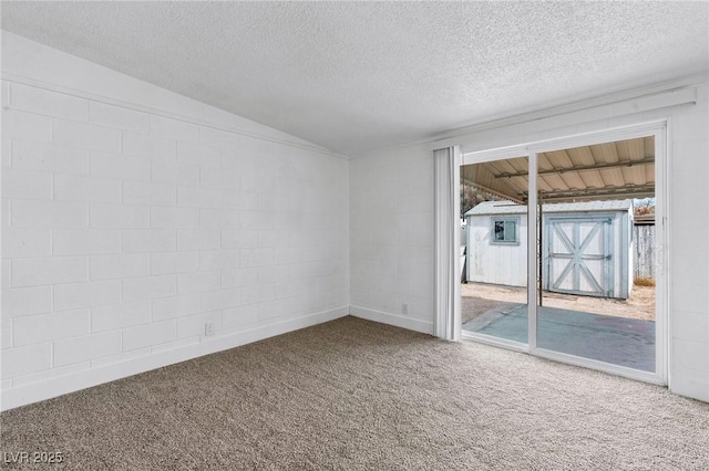 carpeted spare room featuring lofted ceiling and a textured ceiling