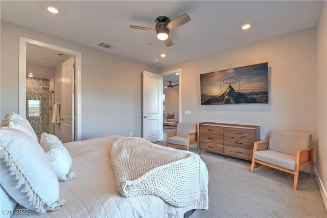 bedroom featuring light colored carpet and ceiling fan