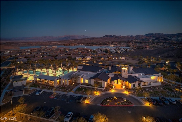 aerial view at dusk with a mountain view