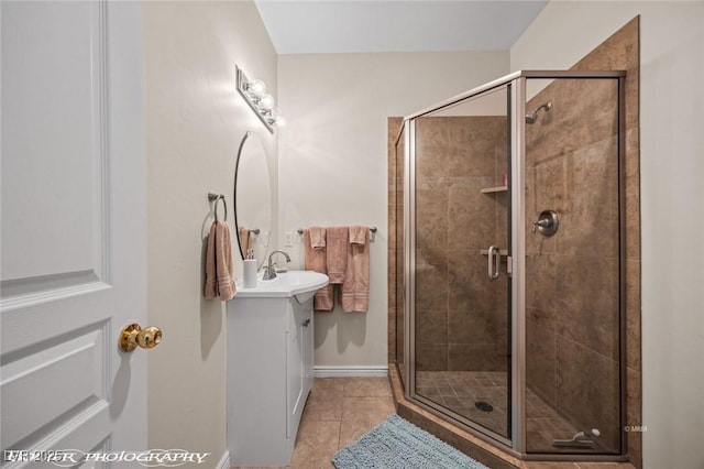 bathroom featuring tile patterned flooring, vanity, and walk in shower