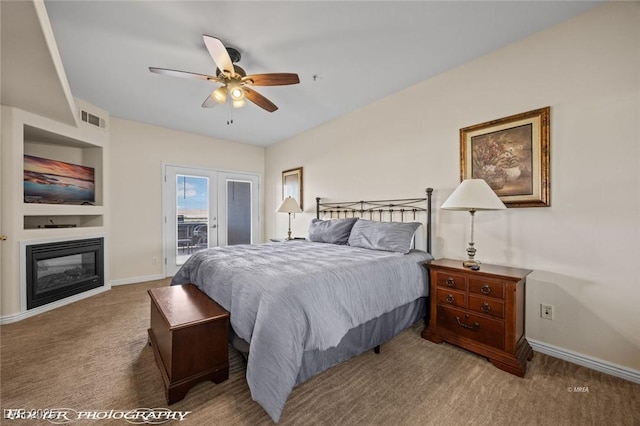 bedroom featuring french doors, ceiling fan, carpet floors, and access to outside