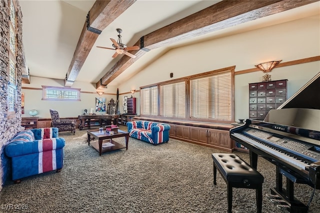 misc room with vaulted ceiling with beams, carpet floors, and ceiling fan