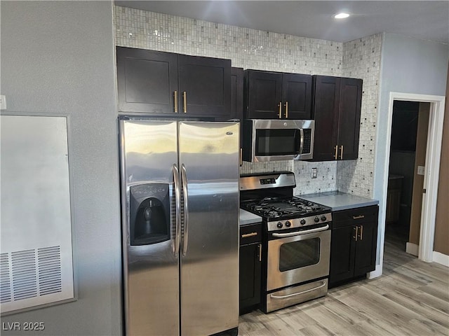 kitchen featuring stainless steel appliances, light hardwood / wood-style floors, and backsplash