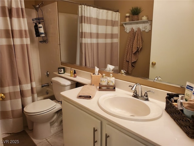 full bathroom featuring vanity, tile patterned floors, toilet, and shower / bath combo with shower curtain