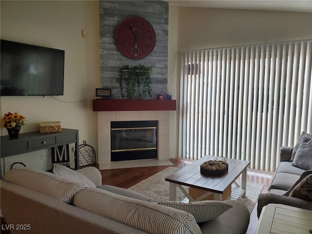 living room featuring lofted ceiling, plenty of natural light, hardwood / wood-style floors, and a fireplace