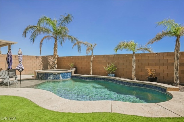 view of swimming pool with an in ground hot tub