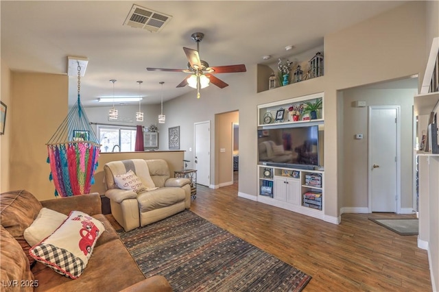 living room featuring high vaulted ceiling, hardwood / wood-style floors, and ceiling fan