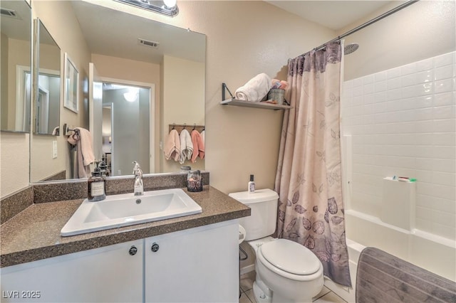 full bathroom featuring vanity, toilet, tile patterned flooring, and shower / bath combo with shower curtain