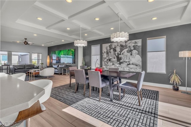 dining space featuring recessed lighting, coffered ceiling, wood finished floors, a ceiling fan, and baseboards