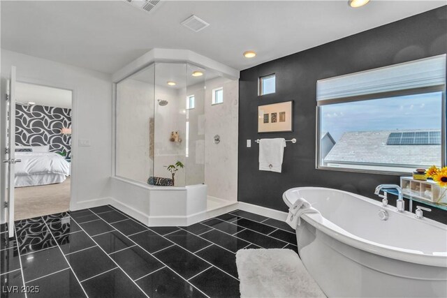 bathroom with tile patterned flooring and plus walk in shower