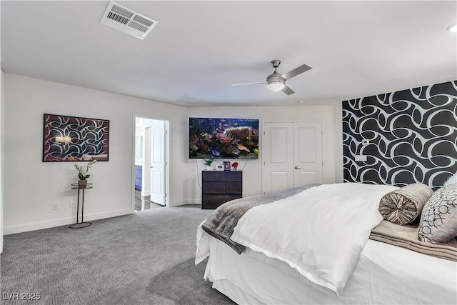 bedroom featuring ceiling fan and carpet floors