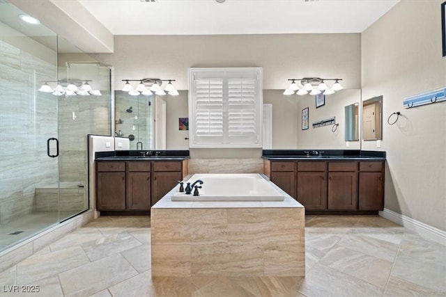 bathroom with vanity and plus walk in shower