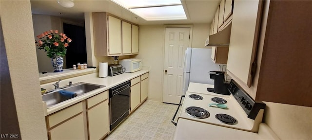 kitchen with sink, white appliances, and cream cabinetry