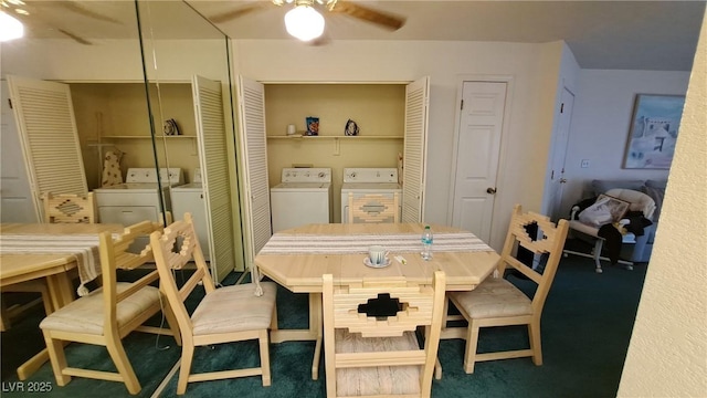 dining area with ceiling fan and washing machine and clothes dryer