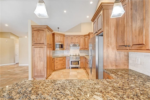 kitchen with stone counters, light tile patterned flooring, appliances with stainless steel finishes, decorative light fixtures, and tasteful backsplash