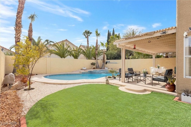 view of swimming pool featuring a yard, a patio, and an in ground hot tub