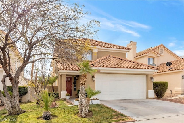 mediterranean / spanish-style house with a garage and a front lawn