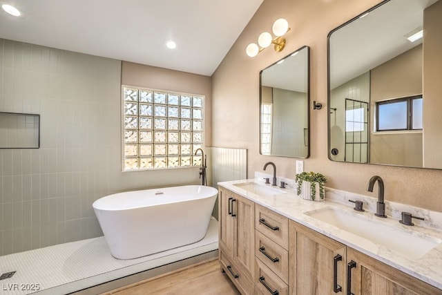 bathroom featuring a washtub, vanity, and hardwood / wood-style floors