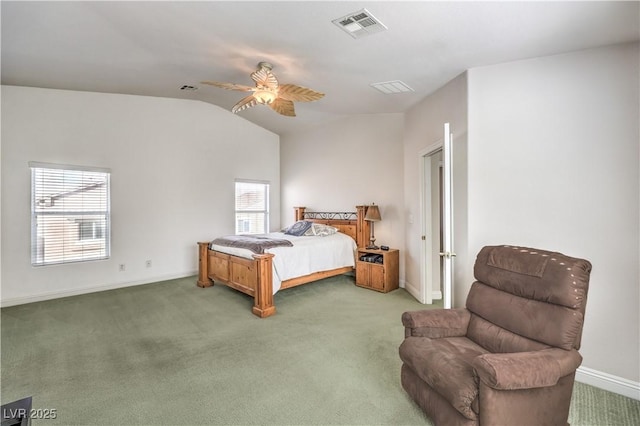 carpeted bedroom with lofted ceiling and ceiling fan