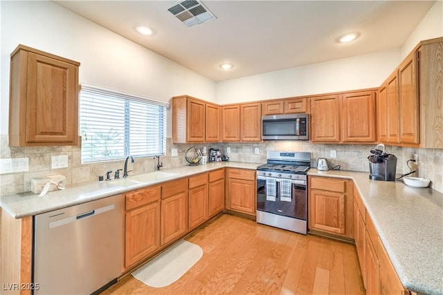 kitchen with sink, backsplash, light hardwood / wood-style flooring, and appliances with stainless steel finishes