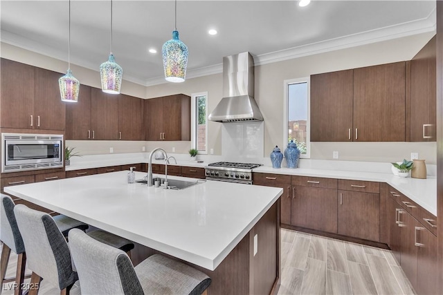 kitchen with appliances with stainless steel finishes, sink, dark brown cabinets, and wall chimney range hood