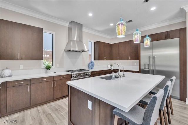 kitchen featuring high quality appliances, dark brown cabinets, sink, and wall chimney exhaust hood