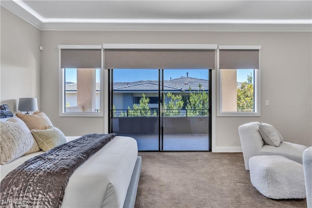 bedroom featuring access to exterior and carpet floors