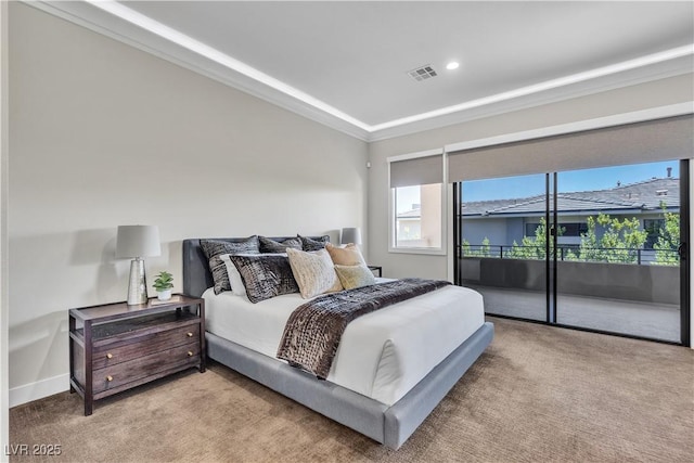 bedroom featuring access to exterior and carpet floors