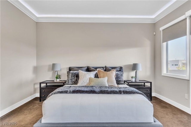 carpeted bedroom featuring crown molding