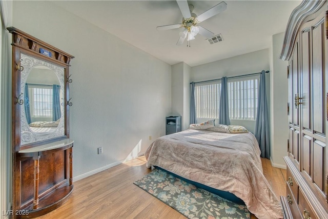 bedroom with ceiling fan and light wood-type flooring